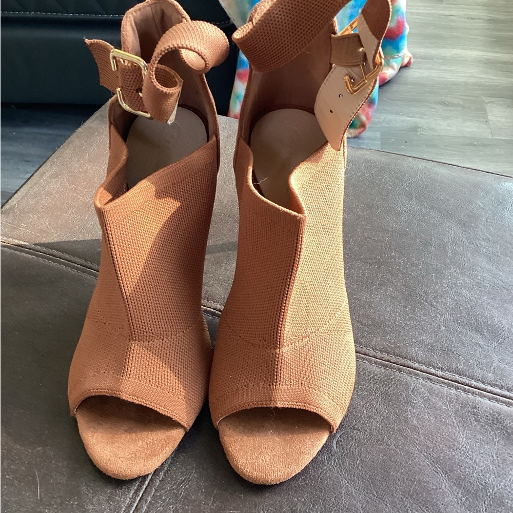 Cuccoo Camel-Suede Peep-Toe Stiletto Booties